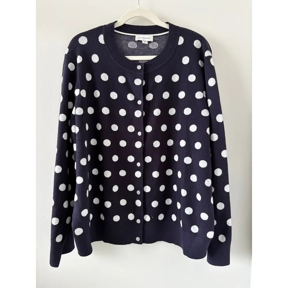 Polka Dot Navy Knit Cardigan Womens Plus Size 3X Preppy Soft Substantial Drapey